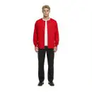 Wholesale men's red zip-up cardigan with white trim worn over white t-shirt and black pants