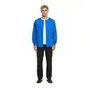 Wholesale men's blue zip-up jacket with white trim worn with white undershirt and black pants