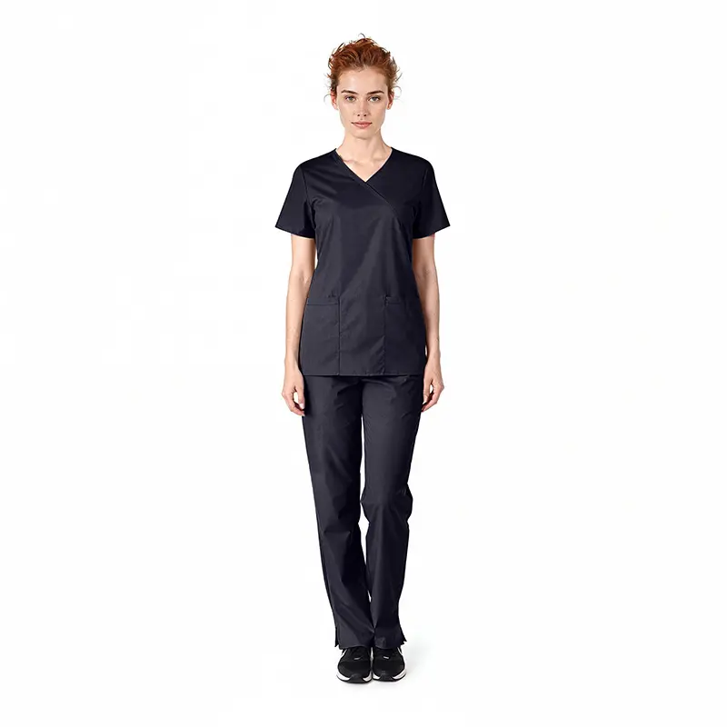 Wholesale women's black v-neck scrub top and pants set with short sleeves and front pockets