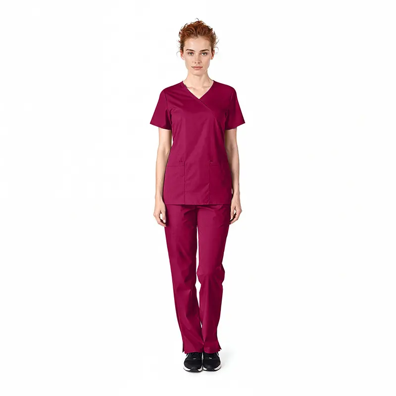 Wholesale women's burgundy v-neck scrub top and pants set with short sleeves