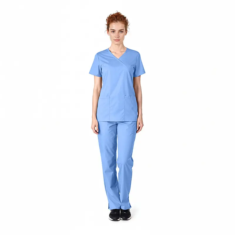 Wholesale women's blue scrubs set with v-neck top and straight-leg pants with black shoes