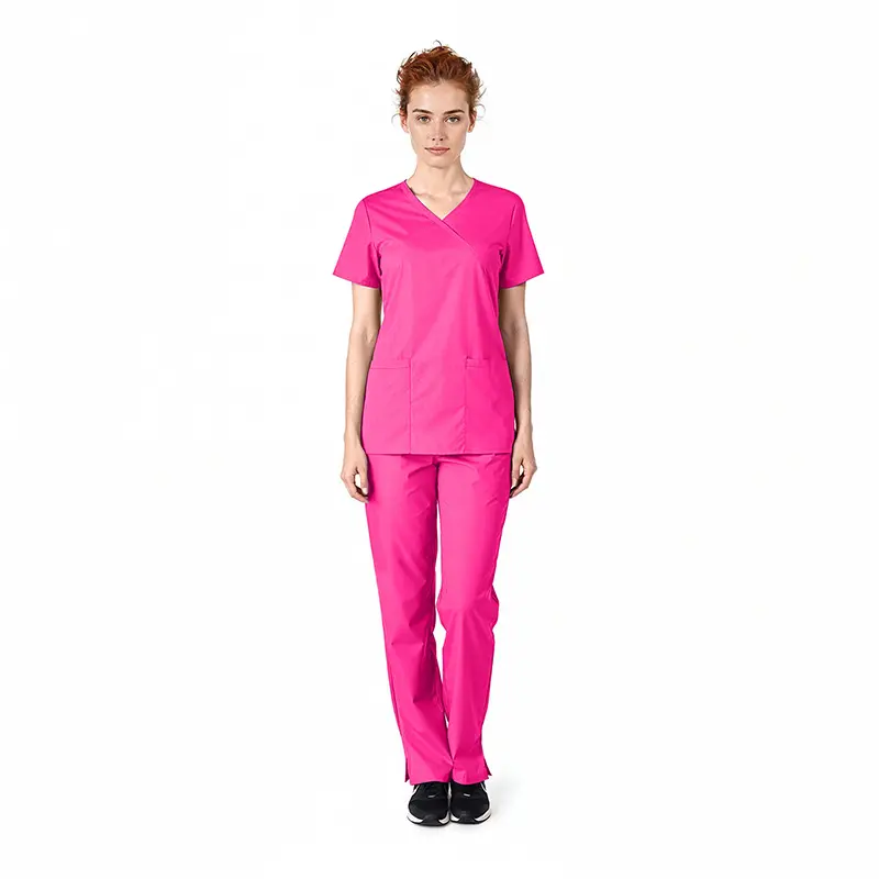 Wholesale women's hot pink v-neck scrub top and pants set with short sleeves