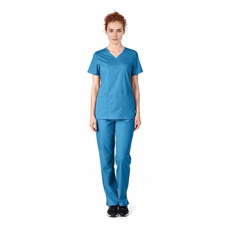 Wholesale women's blue v-neck scrub top and pants set with short sleeves and front pockets