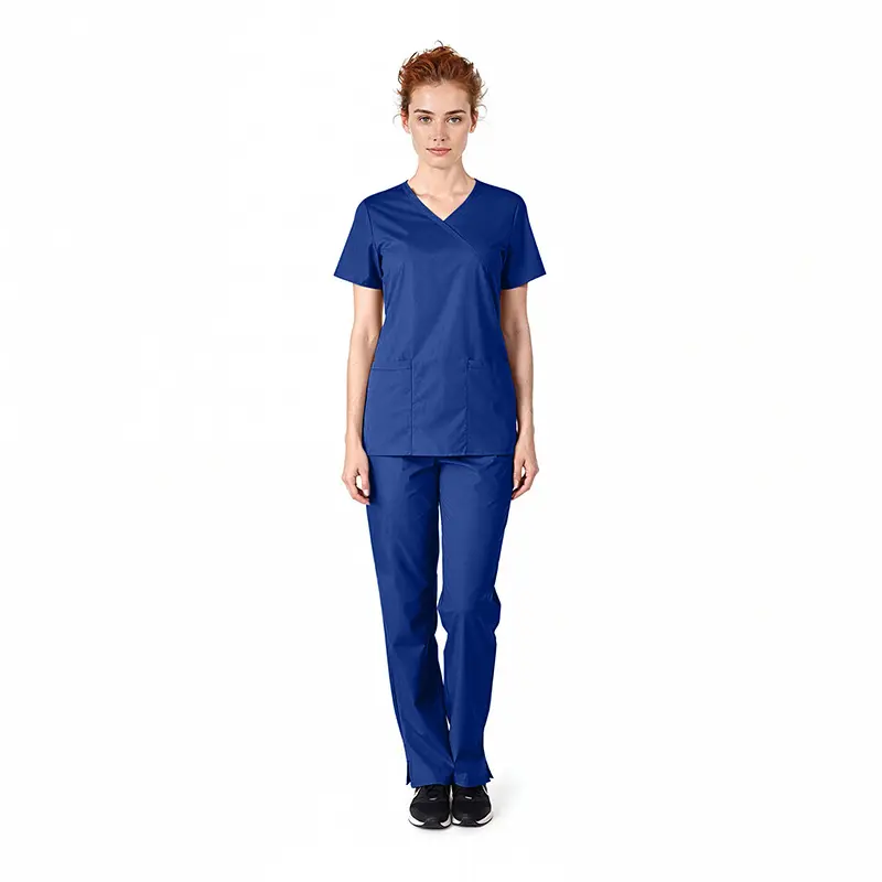 Wholesale women's navy blue v-neck scrub top and pants set