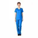 Wholesale women's blue v-neck scrub top and pants set with short sleeves and front pockets