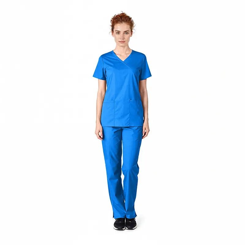 Wholesale women's blue v-neck scrub top and pants set with short sleeves and front pockets
