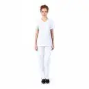 Wholesale women's white v-neck scrub top with short sleeves and matching white scrub pants