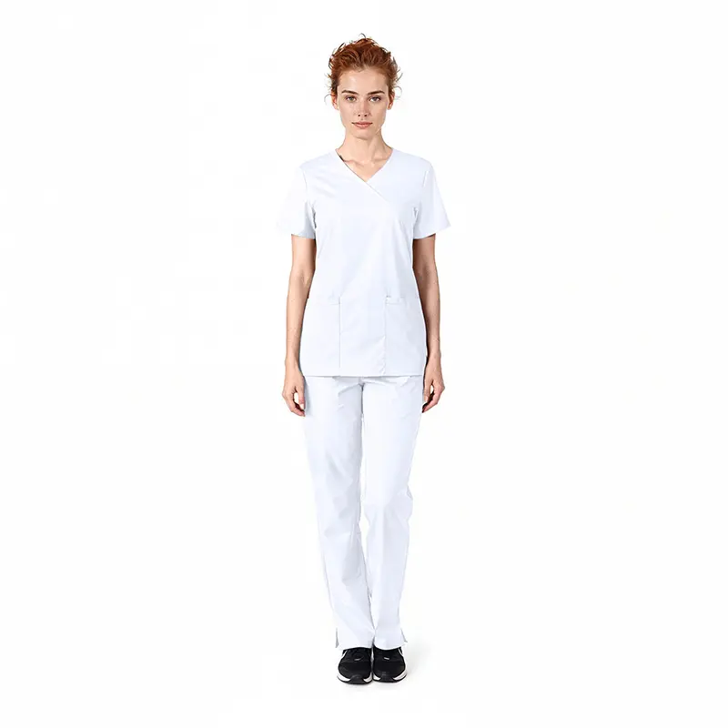 Wholesale women's white v-neck scrub top with short sleeves and matching white scrub pants