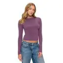 Wholesale women's purple long-sleeve fitted crop top with crew neckline paired with blue jeans