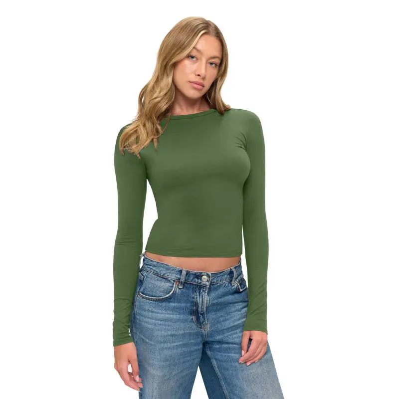 Wholesale women's olive green long sleeve crop top paired with blue denim jeans