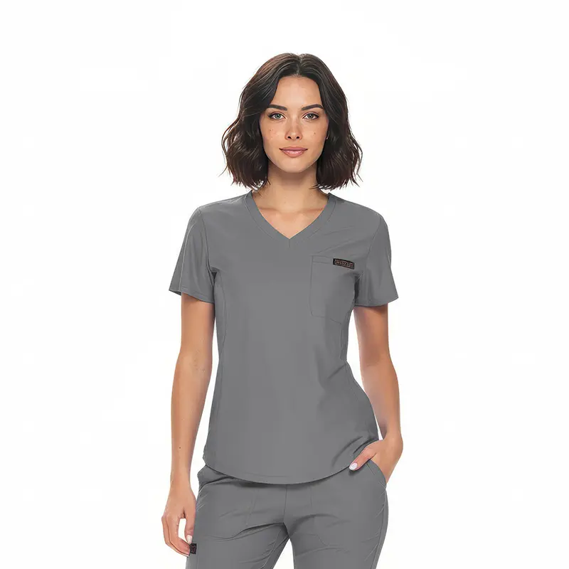 Wholesale women's gray v-neck scrub top with short sleeves and chest pocket