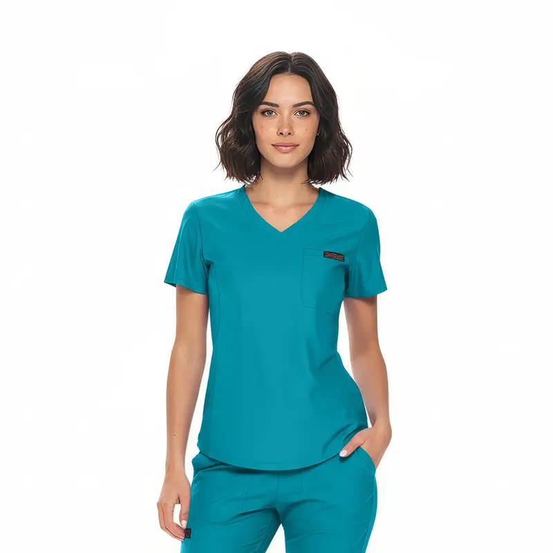 Wholesale women's teal v-neck scrub top with short sleeves and chest pocket