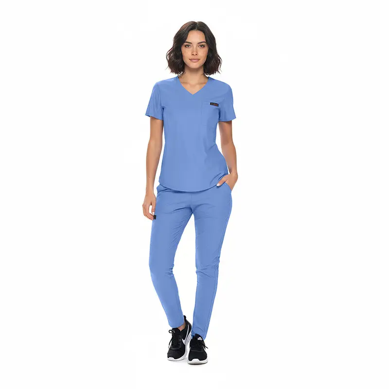 Wholesale women's blue v-neck scrub top and pants set with short sleeves and chest pocket