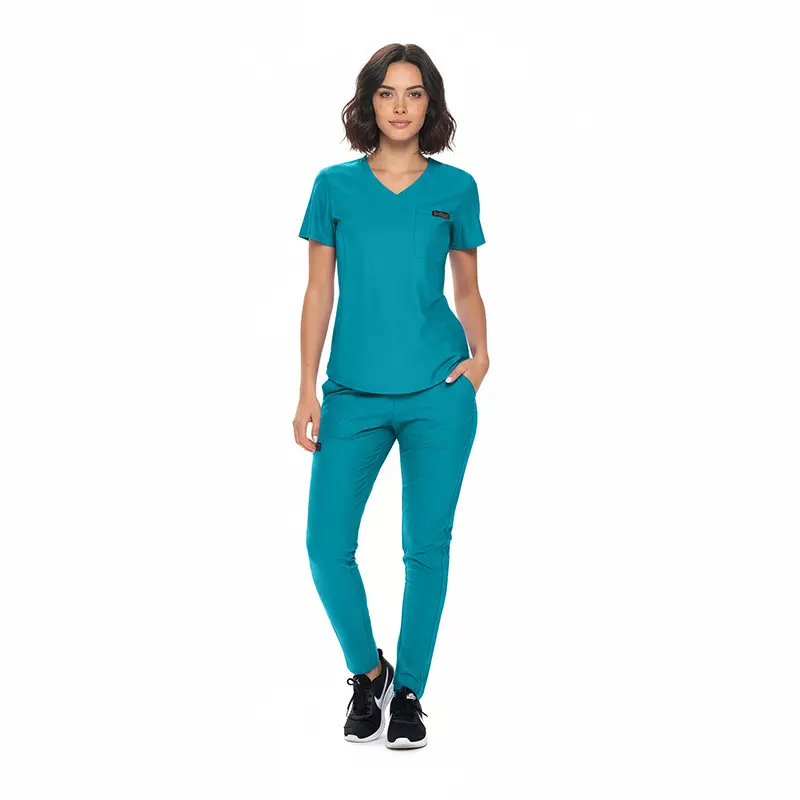 Wholesale women's teal v-neck scrub top and pants set with short sleeves and chest pocket