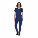 Wholesale women's navy blue v-neck scrub top and pants set with short sleeves and front pocket detail