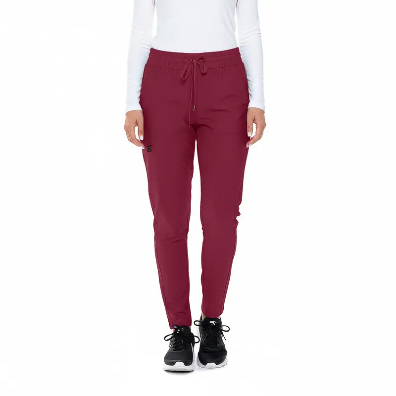 Wholesale women's burgundy jogger pants with drawstring waist and cargo pockets