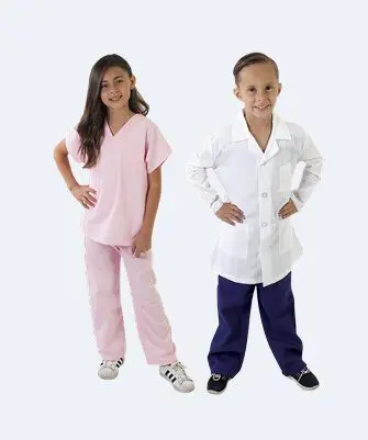 Wholesale children's two-piece scrub sets in pink and white with navy pants