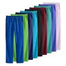 Wholesale pack of colorful elastic waistband pants in blue, green, navy, cyan, black, burgundy, teal, purple, and pink