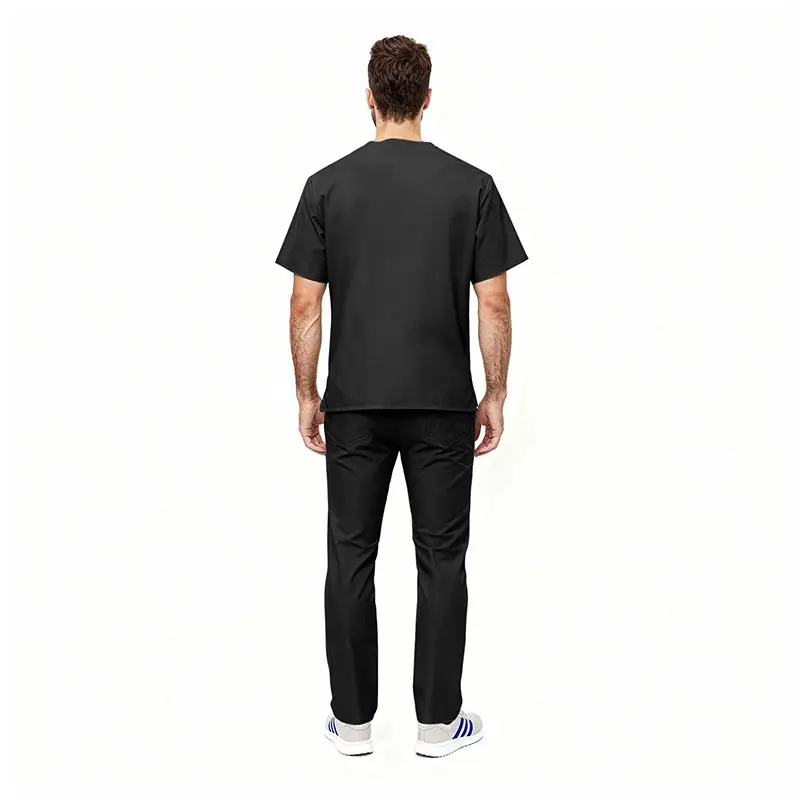 Wholesale men's black t-shirt and black pants with white sneakers, rear view