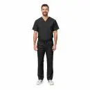 Wholesale men's black v-neck scrub set with short sleeves and drawstring pants