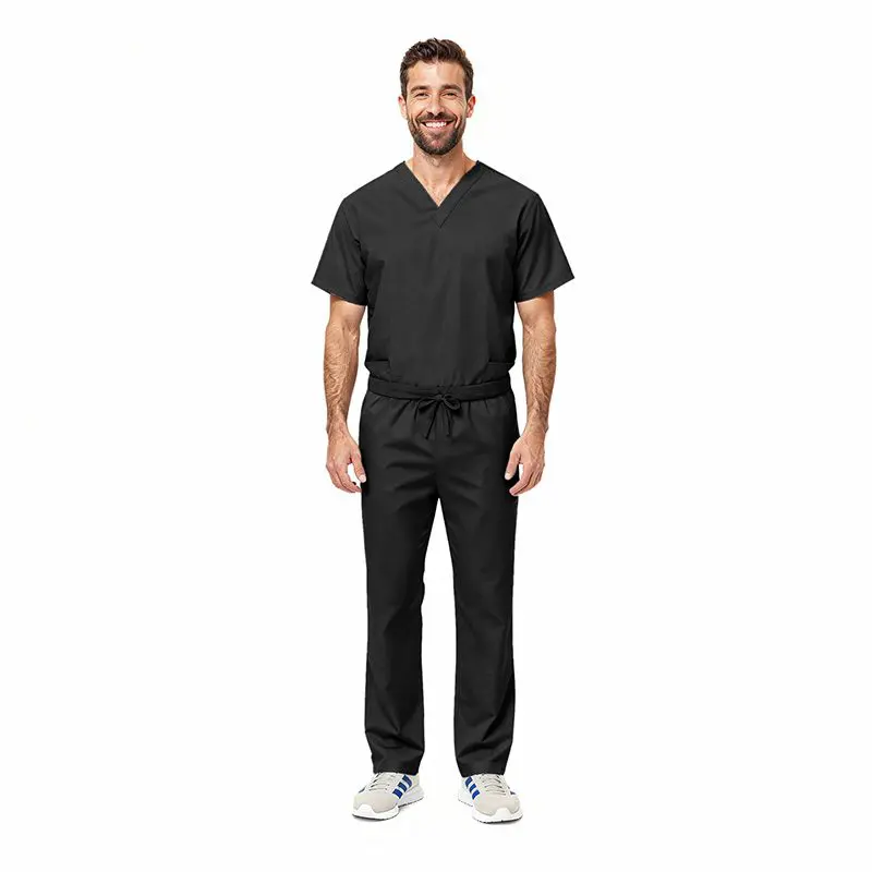 Wholesale men's black v-neck scrub set with short sleeves and drawstring pants