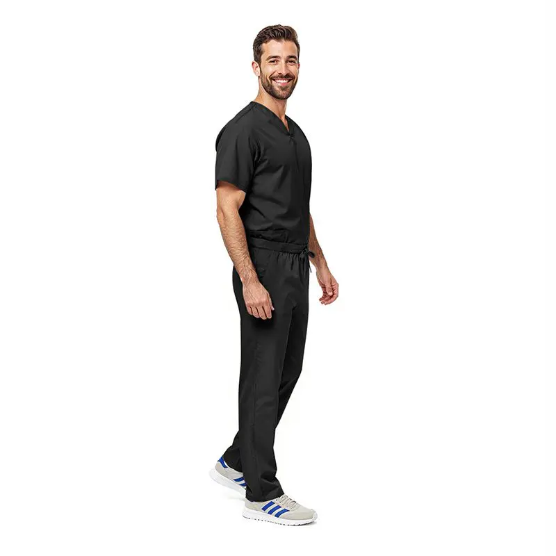 Wholesale men's black v-neck scrub top and pants set with drawstring waist