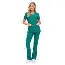 Wholesale women's teal v-neck scrub top and flare pants set with pockets