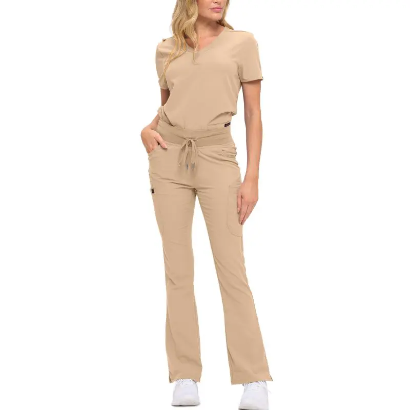 Wholesale women's beige v-neck scrub top and flare pants set with drawstring waist and cargo pockets