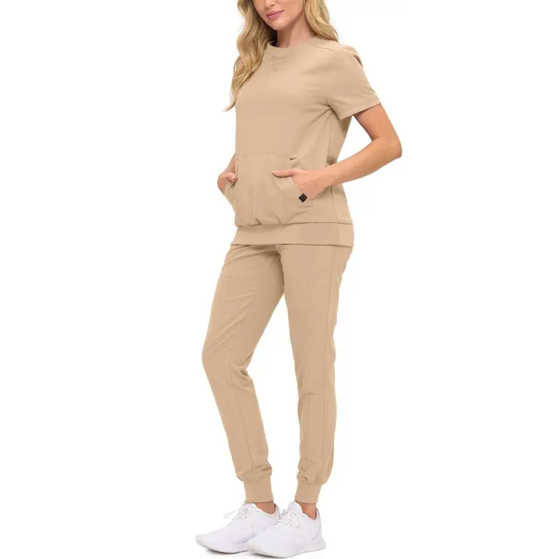 Wholesale women's beige short-sleeve crewneck t-shirt and jogger pants set with pockets