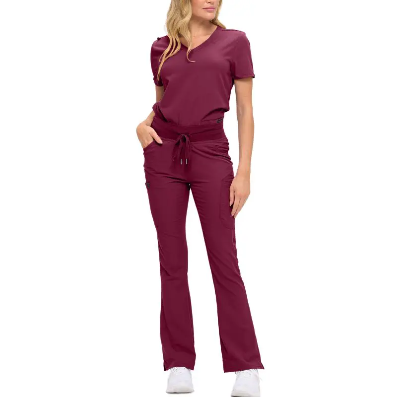Wholesale women's maroon scrub set with short-sleeve top and flare pants with drawstring waist