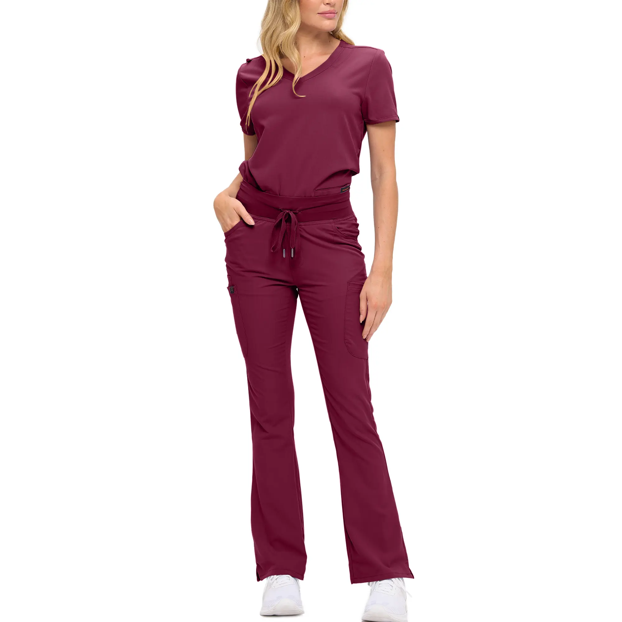 Wholesale women's burgundy scrub set with short-sleeve top and flare pants with drawstring waist