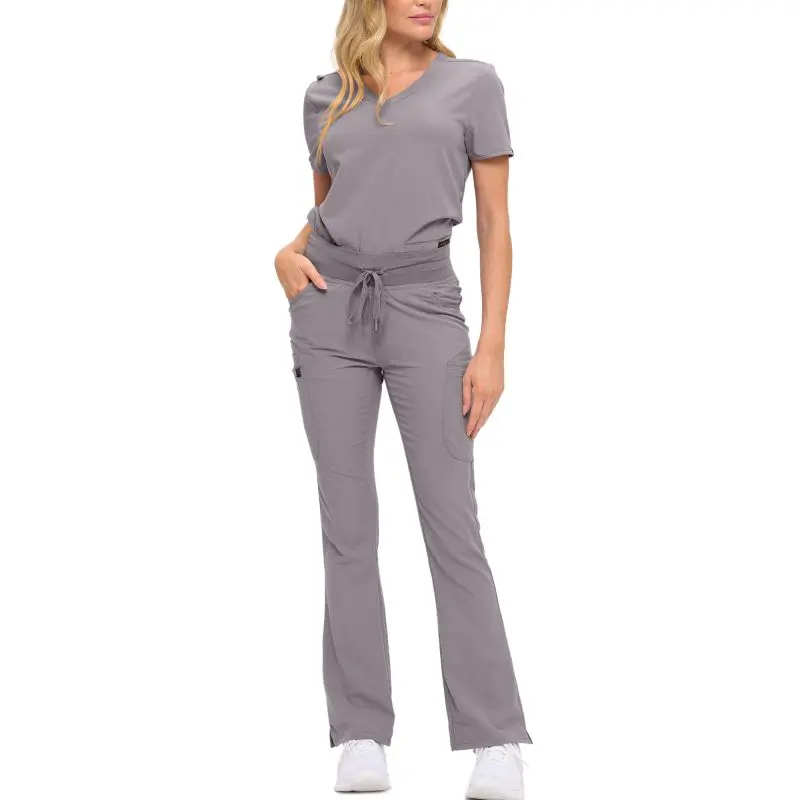 Wholesale women's gray v-neck scrub top and matching cargo pants with drawstring waist and pockets