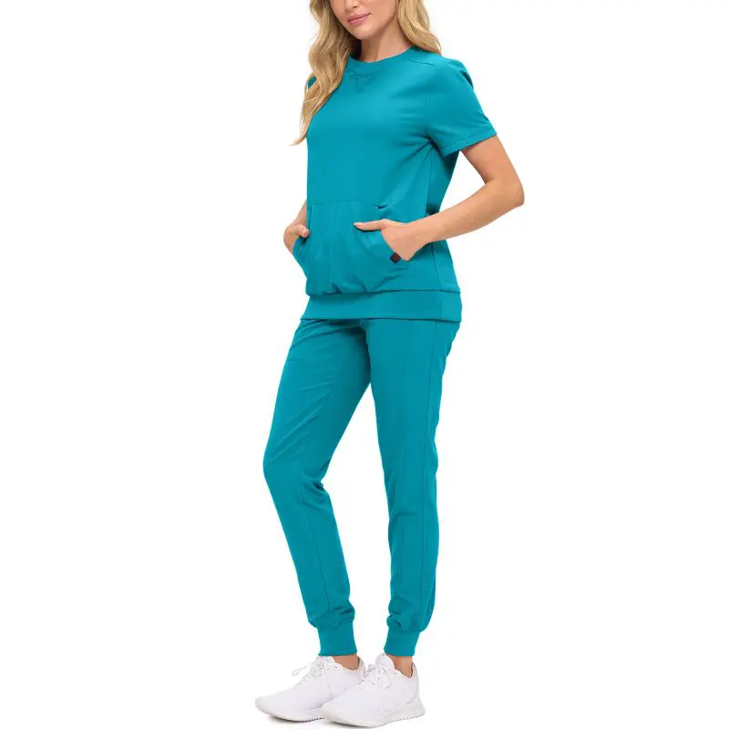 Wholesale women's teal short sleeve top and jogger pants set with front pockets