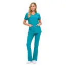 Wholesale women's teal v-neck scrub top and pants set with pockets and short sleeves