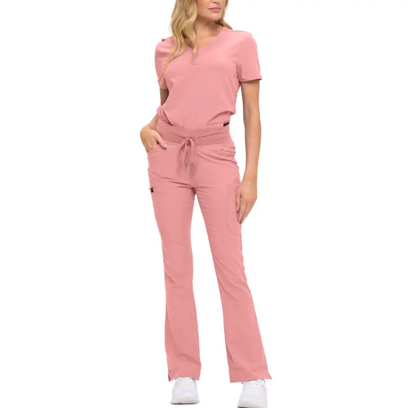 Wholesale women's pink short-sleeve scrub top and flare pants set with drawstring waist