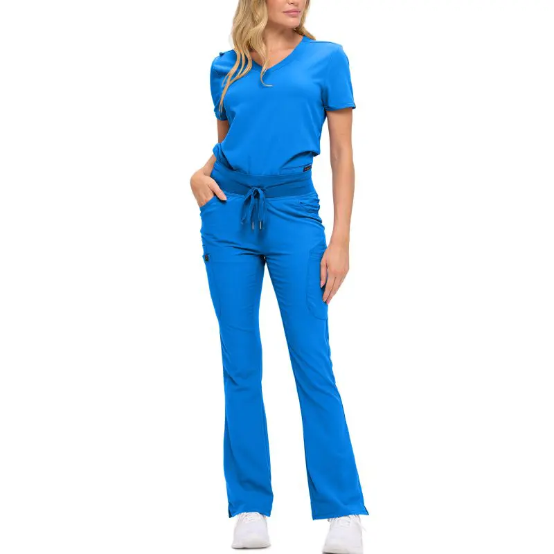 Wholesale women's royal blue short-sleeve v-neck scrub top and flare leg scrub pants set