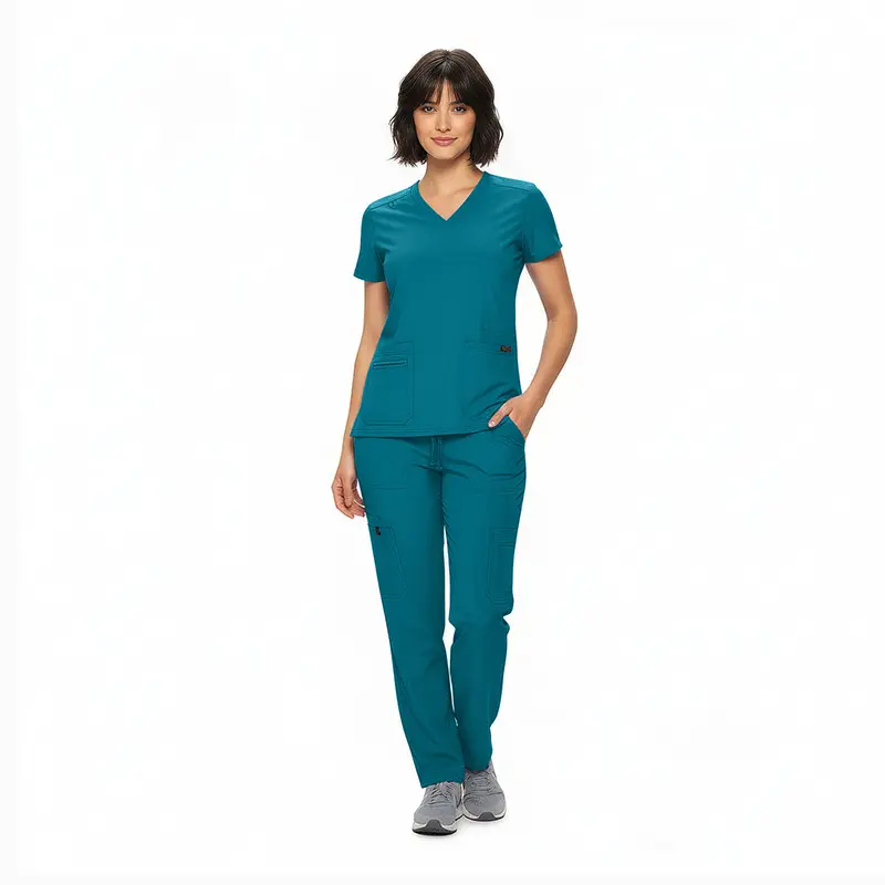 Wholesale women's teal v-neck scrub top and cargo pants set with short sleeves