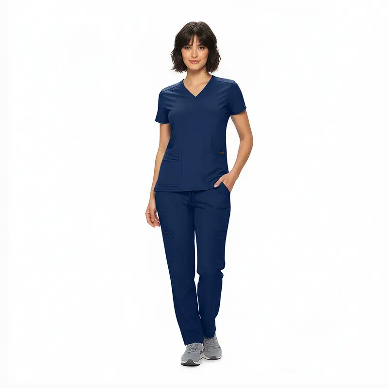 Wholesale women's navy blue v-neck scrub top and cargo pants set with short sleeves