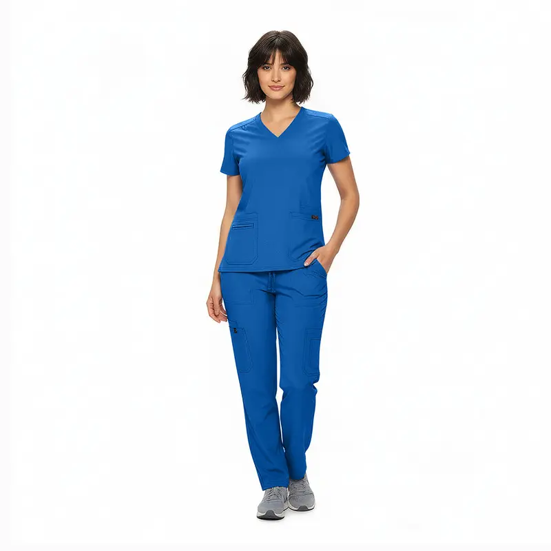 Wholesale women's blue v-neck scrub top and cargo pants set with short sleeves