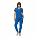Wholesale women's blue v-neck scrub top and jogger pants set with short sleeves