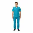 Wholesale men's turquoise scrub set with v-neck top and cargo pants featuring multiple pockets