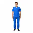 Wholesale men's royal blue scrub set with v-neck top and cargo pants with multiple pockets