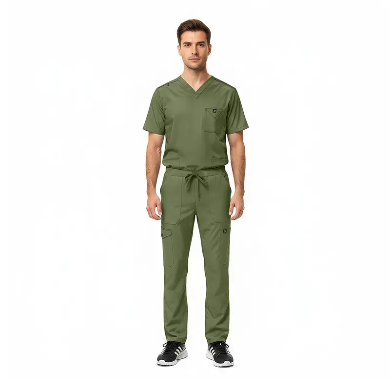 Wholesale men's olive green scrub set with v-neck top, chest pocket, and cargo pants with drawstring waist