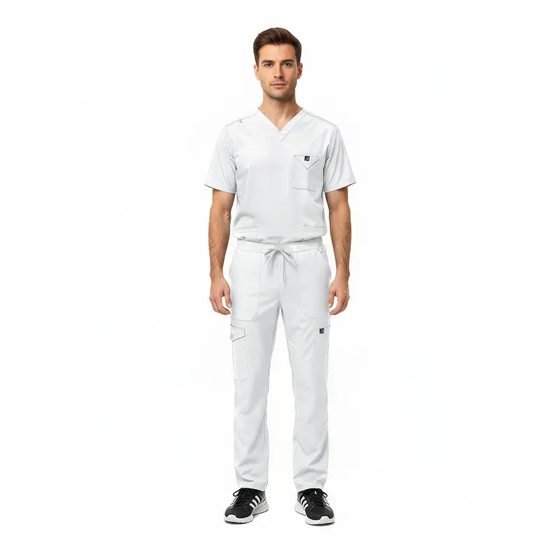 Wholesale men's white v-neck scrub top and cargo pants set with drawstring waist