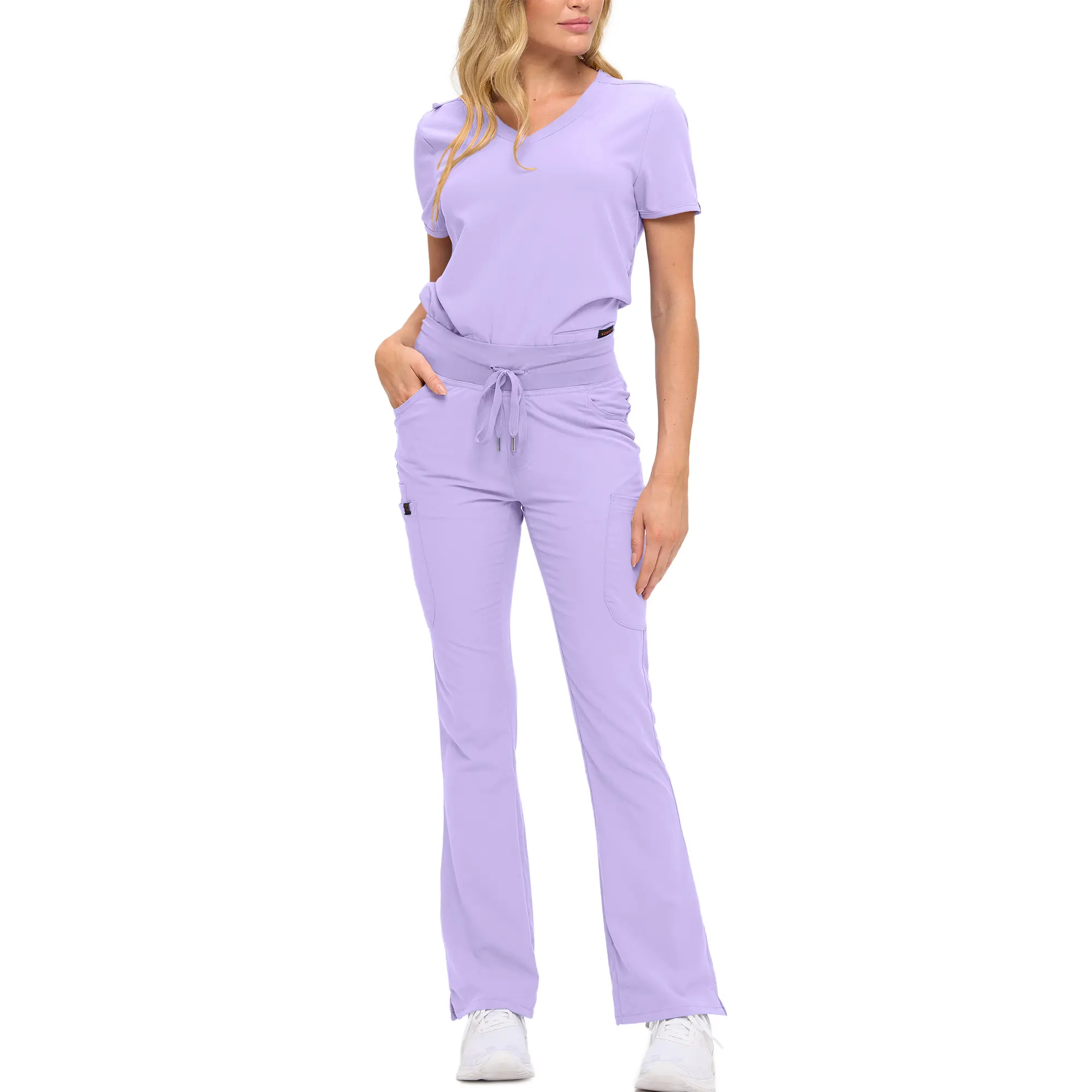 Wholesale women's lavender scrub set with short sleeve top and drawstring flare pants