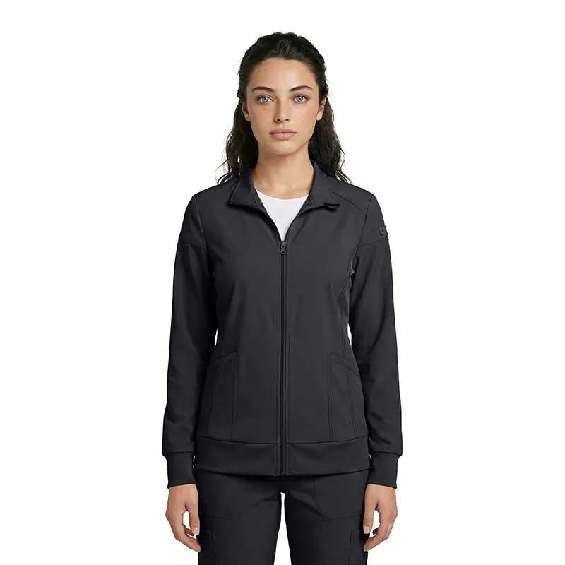 Wholesale women's black zip-up jacket with collar and front pockets