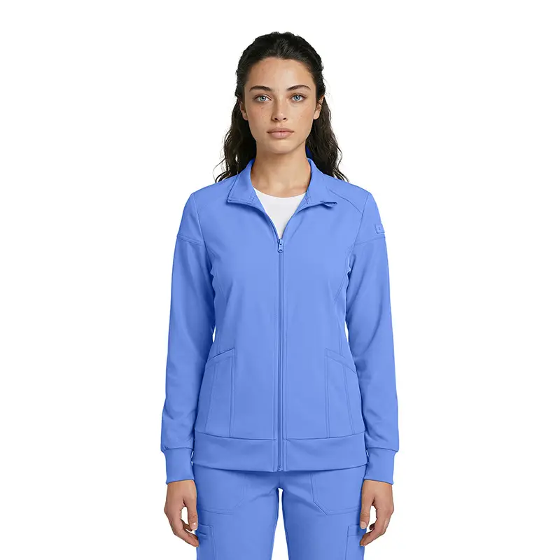 Wholesale women's periwinkle blue zip-up jacket with ribbed cuffs and front pockets