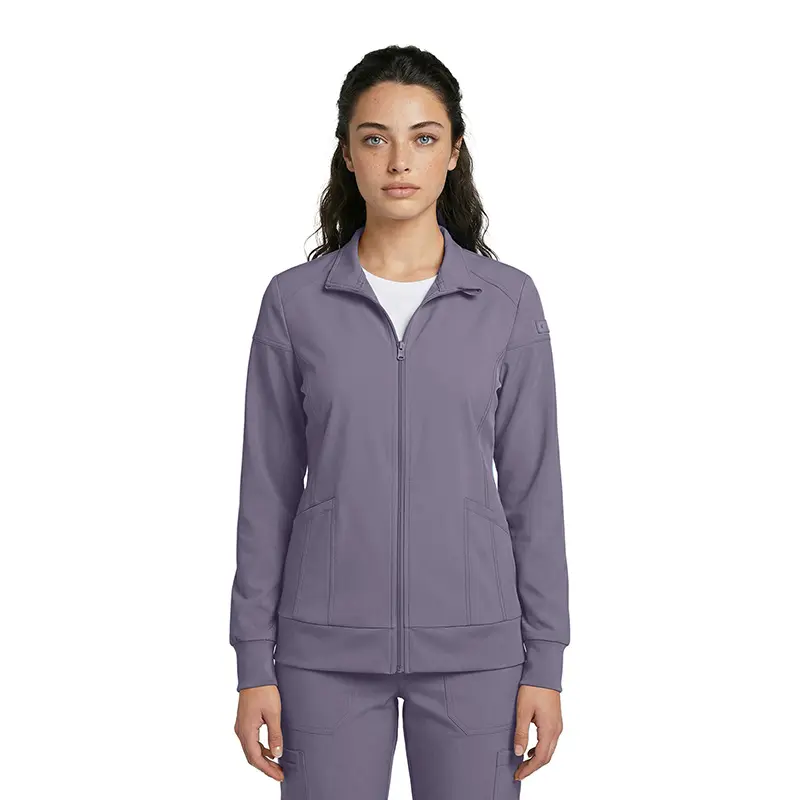 Wholesale women's purple zip-up jacket with ribbed cuffs and front pockets