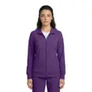 Wholesale women's purple zip-up jacket with collar and front pockets over white shirt