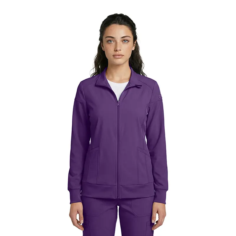 Wholesale women's purple zip-up jacket with collar and front pockets over white shirt